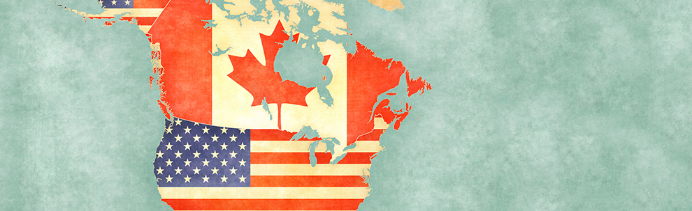 America and Canada map represented by their respective flags